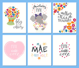 Set of Mothers Day cards templates with hand written lettering quotes in Portuguese, cute elephant with flowers, hearts, childish drawings. Vector illustration. Design concept banner, postcard, tag.