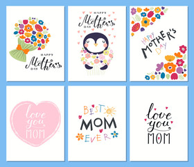 Set of Mothers Day cards templates with hand written lettering quotes, cute penguin with a bunch of flowers, hearts, childish drawings. Vector illustration. Design concept banner, postcard, gift tag.