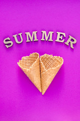 Ice Cream Cone Horn. Flat lay Top View. Love,Valentines day concept. Summer Party, Birthday Firework Pink background. Bright Sweet Color. TrendyStyle.