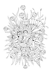 Hand drawn backdrop. Coloring book, page for adult and older children. Black and white abstract floral pattern. Vector illustration. Design for meditation.