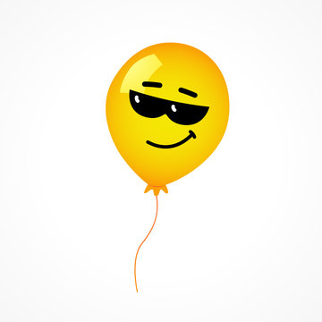 Smile With Sunglasses And Yellow Helium Balloon On White Background. Yellow Smile Emoji Balloon Wearing Dark Sunglasses For Happy Birthday Card Or Banner. Vector Illustration