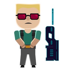 Cartoon soldier with cool hairstyle and sunglasses and gun