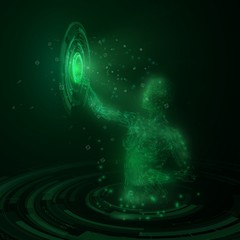 Silhouette of a woman touching a virtual object in a virtual spa