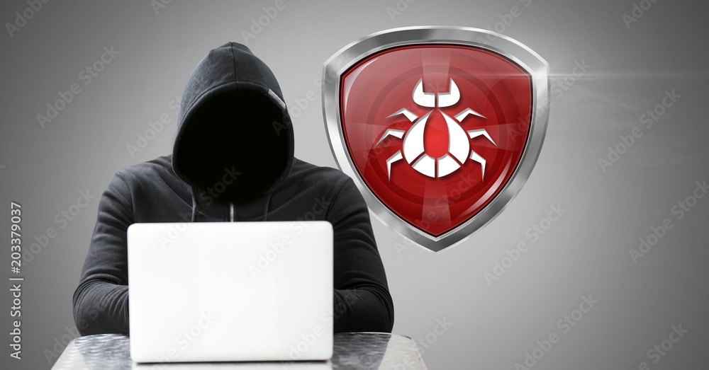 Poster virus bug shield and hacker on laptop