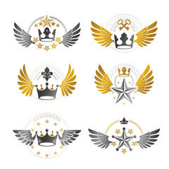 Royal Crowns and Vintage Stars emblems set. Heraldic vector design elements collection. Retro style label, heraldry logo.