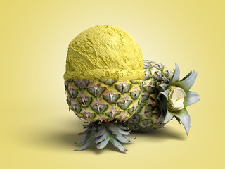 modern concept of fruit ice cream A pineapple ice cream ball lies on a roasted pineapple 3d render on color background