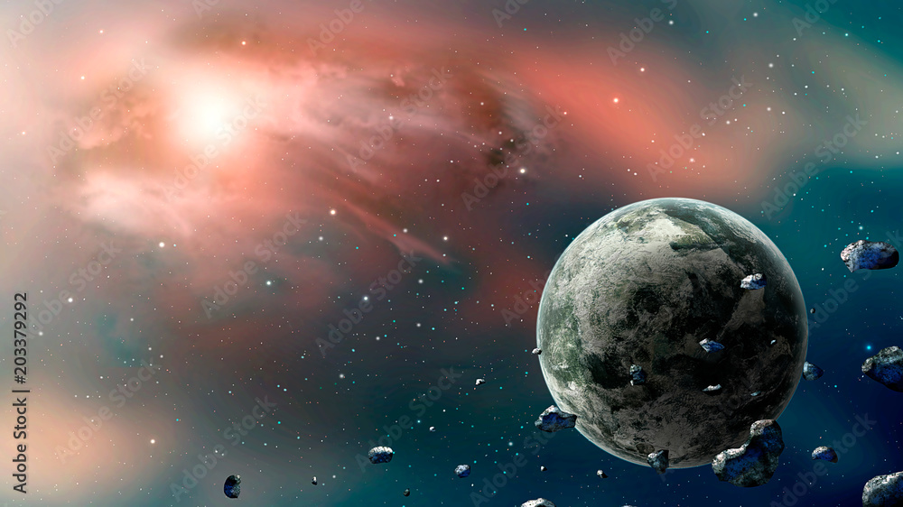 Wall mural space scene. blue and blue nebula with planet and asteroids. elements furnished by nasa. 3d renderin