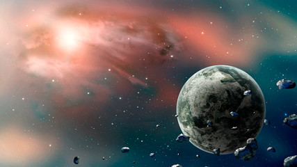 Space scene. Blue and blue nebula with planet and asteroids. Elements furnished by NASA. 3D rendering