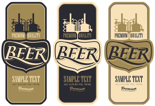 Vector set of three retro style beer labels with brewery production line