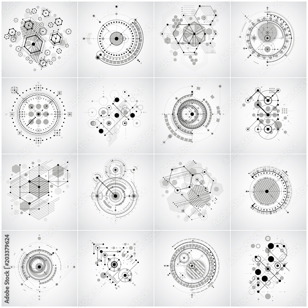 Poster bauhaus art. set of modular vector wallpapers made using lines and circles. retro style patterns, gr