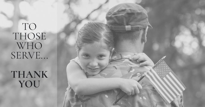 memorial day message with soldier and daughter holding american