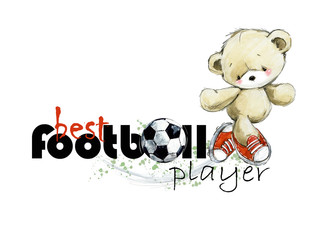 Obraz premium Cute teddy bear Soccer player hand drawn watercolor illustration. Best football player. kids football background