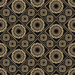 Islamic vector design. Seamless pattern oriental ornament. Black and golden textile print. Floral tiles.