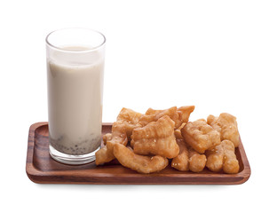 Soybean milk with morning on white background.