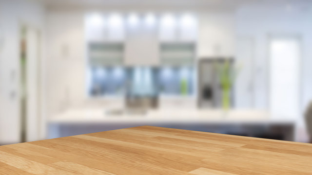 Empty wood table top on blur kitchen selective focus.For montage product display.3d illustration