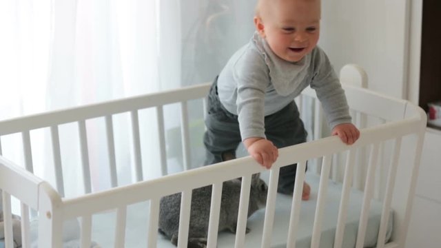 Smiling toddler boy, playing with little rabbit in crib, smiling happily