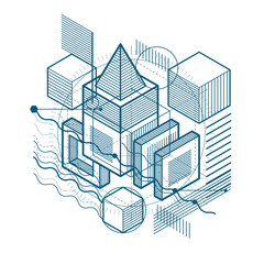 Isometric abstract background with linear dimensional shapes, vector 3d mesh elements. Composition of cubes, hexagons, squares, rectangles and different abstract elements.