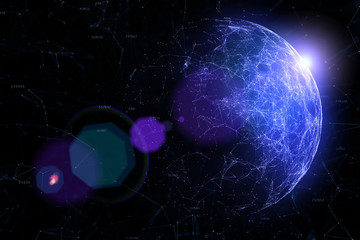 Futuristic network cyberspace sphere with numbers, lines, dots and triangles illustration. View from space.