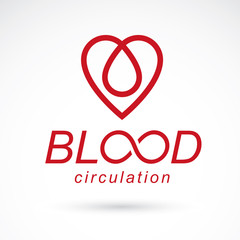 Vector red heart with blood circulation inscription. Blood transfusion metaphor, medical care emblem for use in pharmacy.