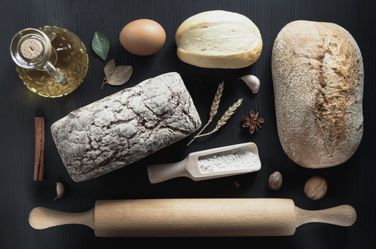 bread and bakery products on wood