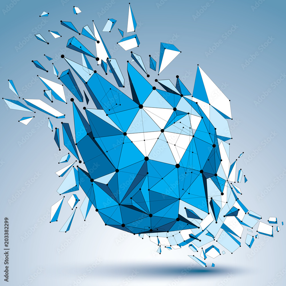Poster abstract asymmetric blue vector low poly wrecked object with different triangular particles. 3d orig