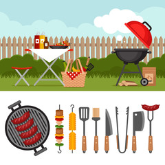 Bbq party background with grill. Barbecue poster. Bbq tools set. Barbecue grill  isolated elements. Flat style, vector illustration.