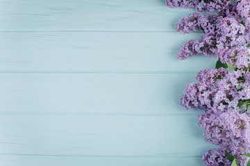 The beautiful violet lilac on a blue wooden background. Flat lay and copy space composition.