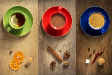 cup of coffee, tea and cacao