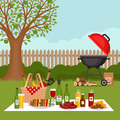 Bbq party background with grill. Barbecue poster. Flat style, vector illustration.