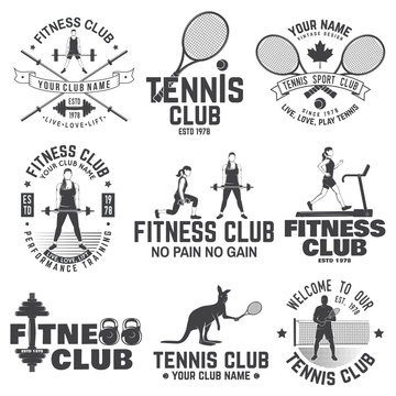 Set of fitness and tennis club concept with girls doing exercise and tennis player silhouette.