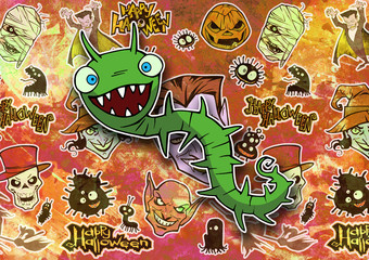 Cartoon halloween illustration set of diverse evil bizarre creatures and characters, vampires, zombies, monsters, imps,
evil mascots