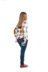Back view of teenage girl looking at wall. Rear view. Isolated on white background