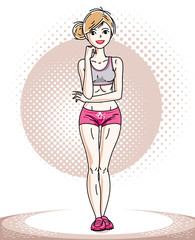 Young beautiful blonde slim woman adult standing. Vector illustration of nice lady wearing pink shorts. Work out and training theme.