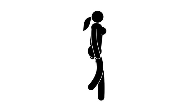 Black and white icon of woman walking cycle. Pictogram people. Loop animation with alpha channel.