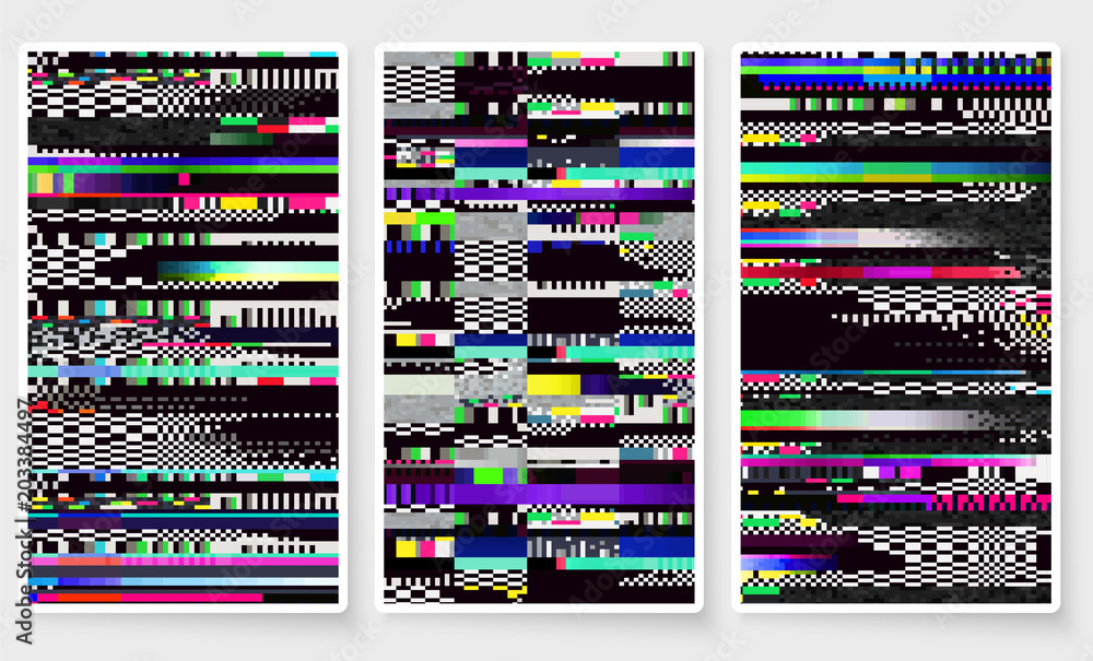 Poster glitch background. computer screen error. glitch smartphone wallpapers set. digital pixel noise abst