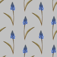 Hand painted watercolor floral pattern seamless blue grape hyacinth - 203384804