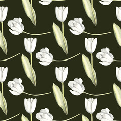 Hand painted watercolor floral pattern seamless white tulips background dark green - 203384819