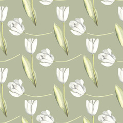 Hand painted watercolor floral pattern seamless white tulips background light green - 203384823