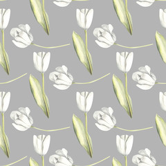 Hand painted watercolor floral pattern seamless white tulips background grey - 203384825