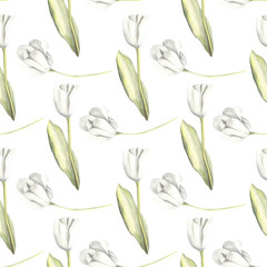 Hand painted watercolor floral pattern seamless white tulips background white