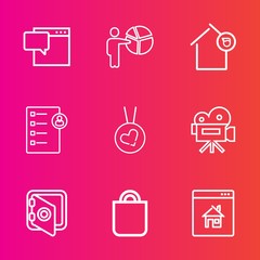 Premium set with outline vector icons. Such as businesswoman, real, celebration, camera, safety, house, property, communication, necklace, online, chat, retro, document, dialog, female, owner, people