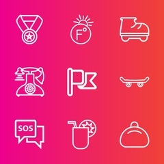 Premium set with outline vector icons. Such as fun, scale, vintage, leisure, bag, temperature, prize, achievement, help, object, board, fahrenheit, victory, skater, nation, danger, old, style, skate