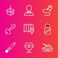 Premium set with outline vector icons. Such as profile, internet, salt, upload, office, army, social, success, win, door, people, route, male, pin, download, man, map, award, stationery, key, pen, box