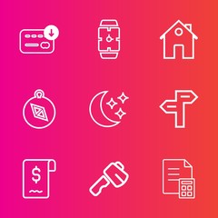Premium set with outline vector icons. Such as financial, time, star, business, arrow, hand, compass, house, bag, sack, estate, cash, real, clock, south, banking, screwdriver, travel, direction, hour