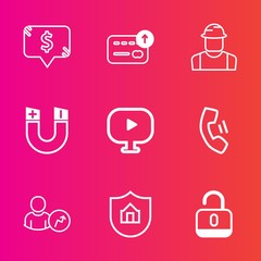 Premium set with outline vector icons. Such as protection, sign, mobile, pole, work, property, helmet, lock, media, science, cell, business, technology, label, sale, finance, square, price, video, web