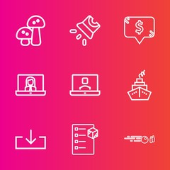 Premium set with outline vector icons. Such as hobby, square, box, cinema, label, frame, movie, price, internet, screen, food, edible, download, hit, vegetable, cargo, delivery, strike, mushroom, web