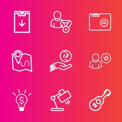 Premium set with outline vector icons. Such as sign, table, web, dollar, interior, city, office, file, gps, social, navigation, finance, location, business, pin, map, cash, folder, money, investment