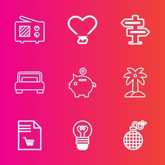 Premium set with outline vector icons. Such as electric, leaf, wireless, explosion, bulb, list, finance, bed, palm, electricity, supermarket, double, nature, market, dont, room, money, bomb, shape