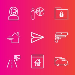 Premium set with outline vector icons. Such as sign, center, transportation, home, security, message, businessman, communication, call, handgun, business, traffic, customer, service, house, computer