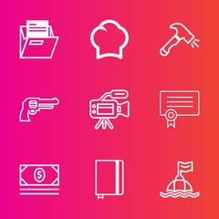 Premium set with outline vector icons. Such as construction, success, pistol, folder, gun, life, book, equipment, water, bank, diploma, lens, revolver, chef, tripod, professional, video, certificate